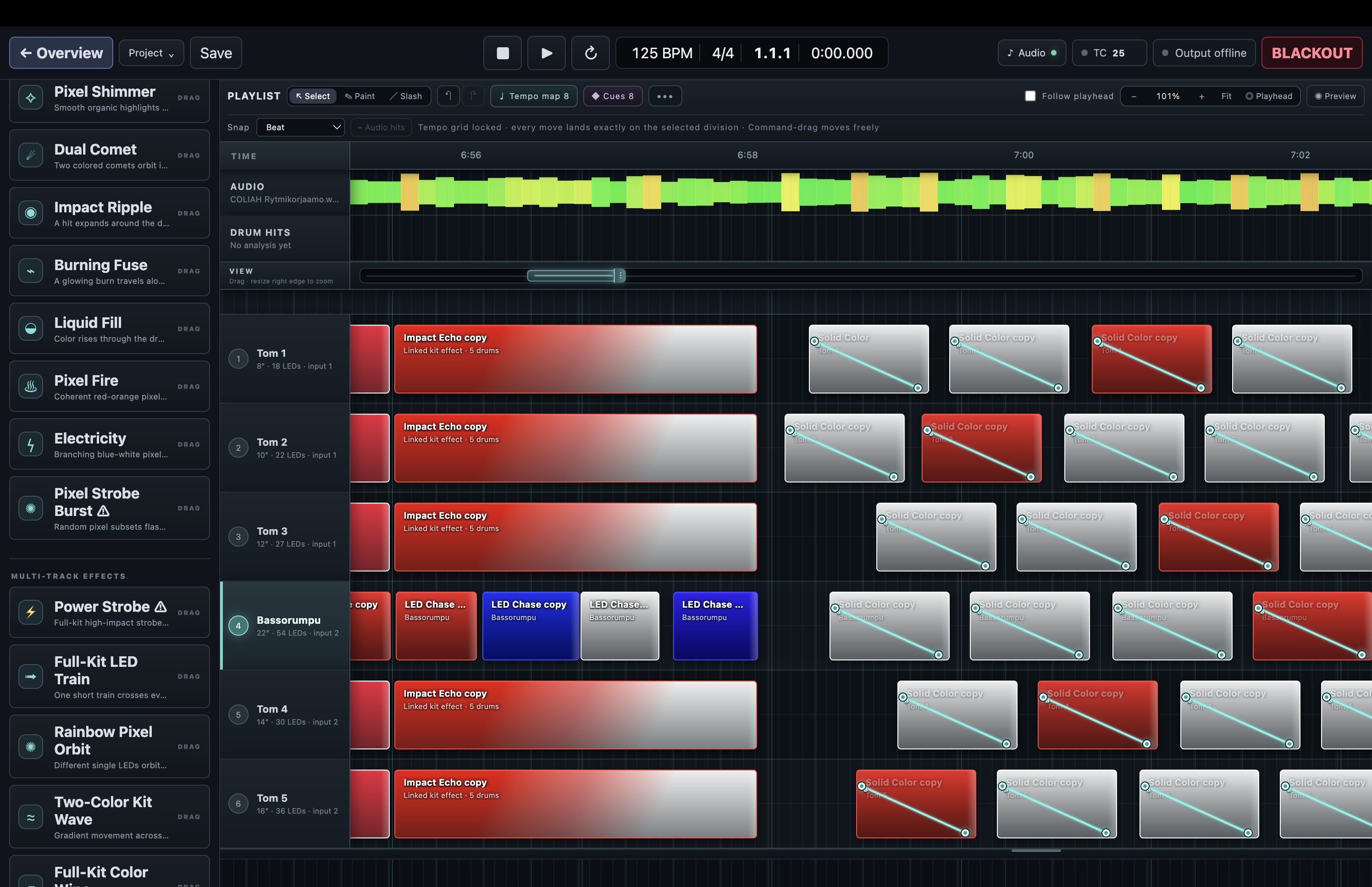 DrumLight Studio editor with the Effects library, audio waveform and programmed lighting effects on six drum tracks